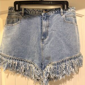 Main Strip Blue Jean Shorts with Frayed Hem